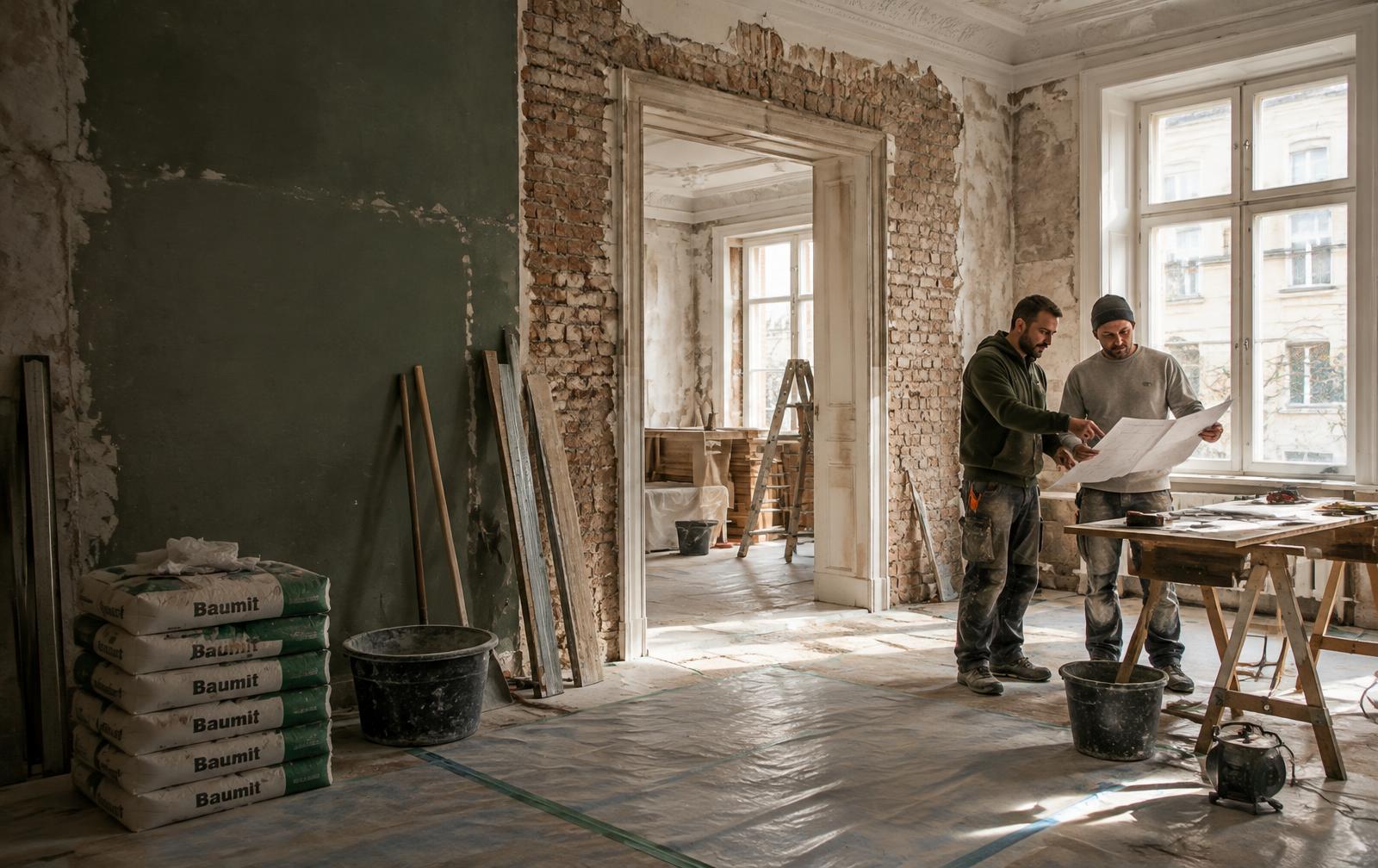KI-generierte Visualisierung einer sorgfältig organisierten Sanierungsbaustelle mit zwei Handwerkern bei der Planung